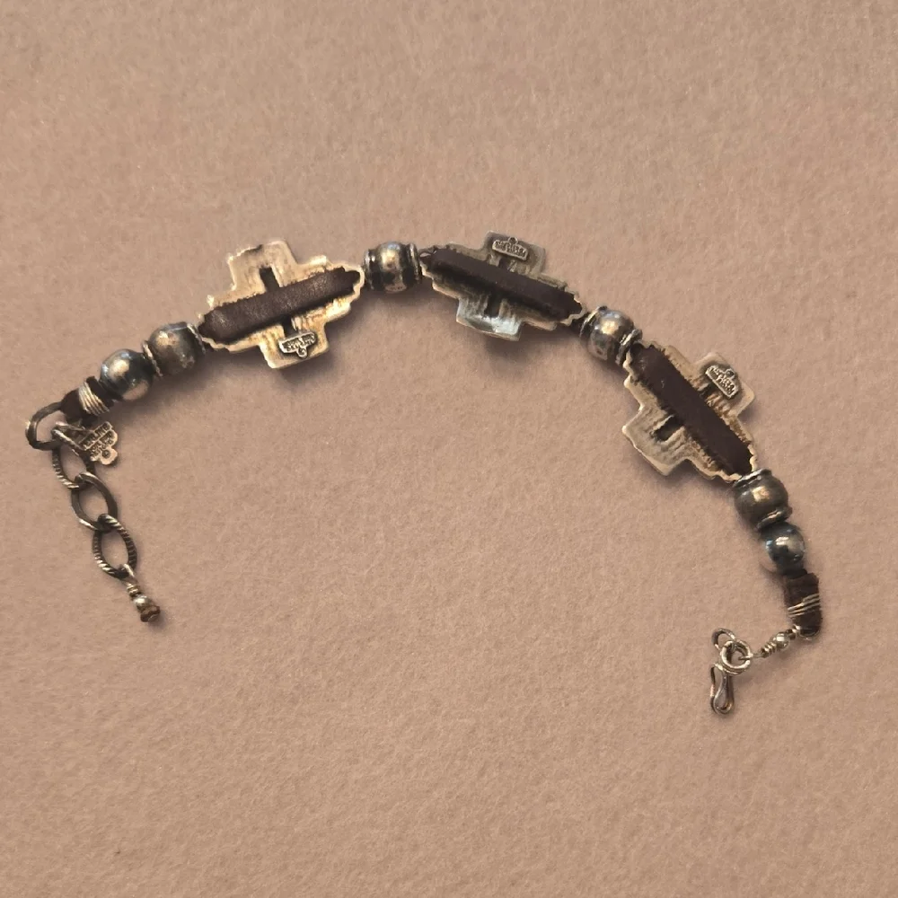 Sterling Silver Peyote Brand Designs  Cross Leather Bracelet